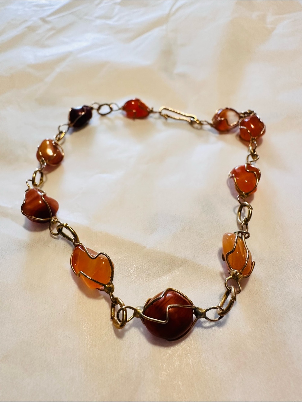Vintage Mid-Century Wire-Wrapped Carnelian Agate Statement Bracelet 8.5"